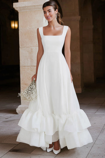 Ivory A-Line Tiered Ruffle Engagement Dress